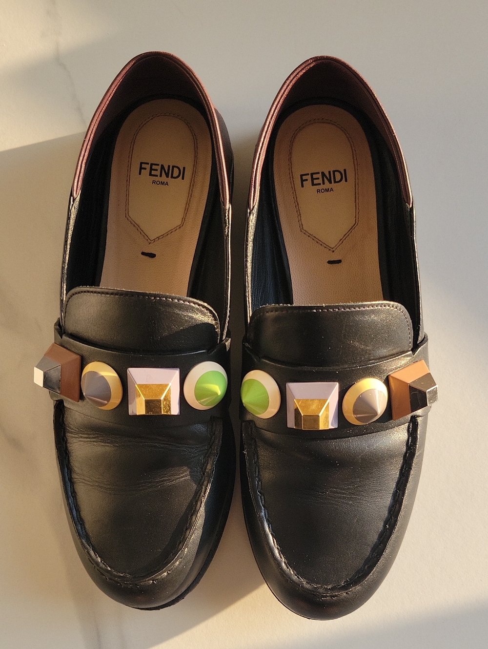 Fendi Black Leather Loafers with Multicolor Geometric Studs